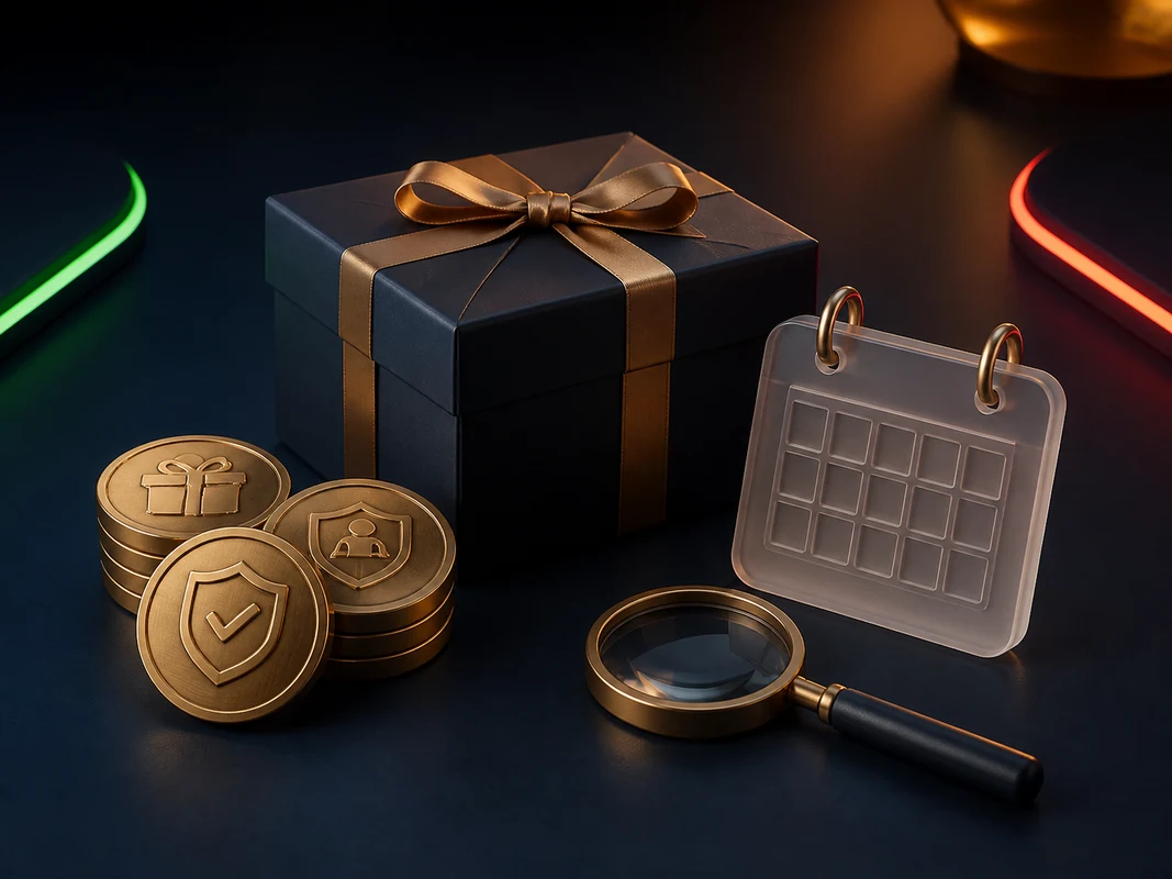 Welcome casino bonus package with promotional tokens and terms calendar